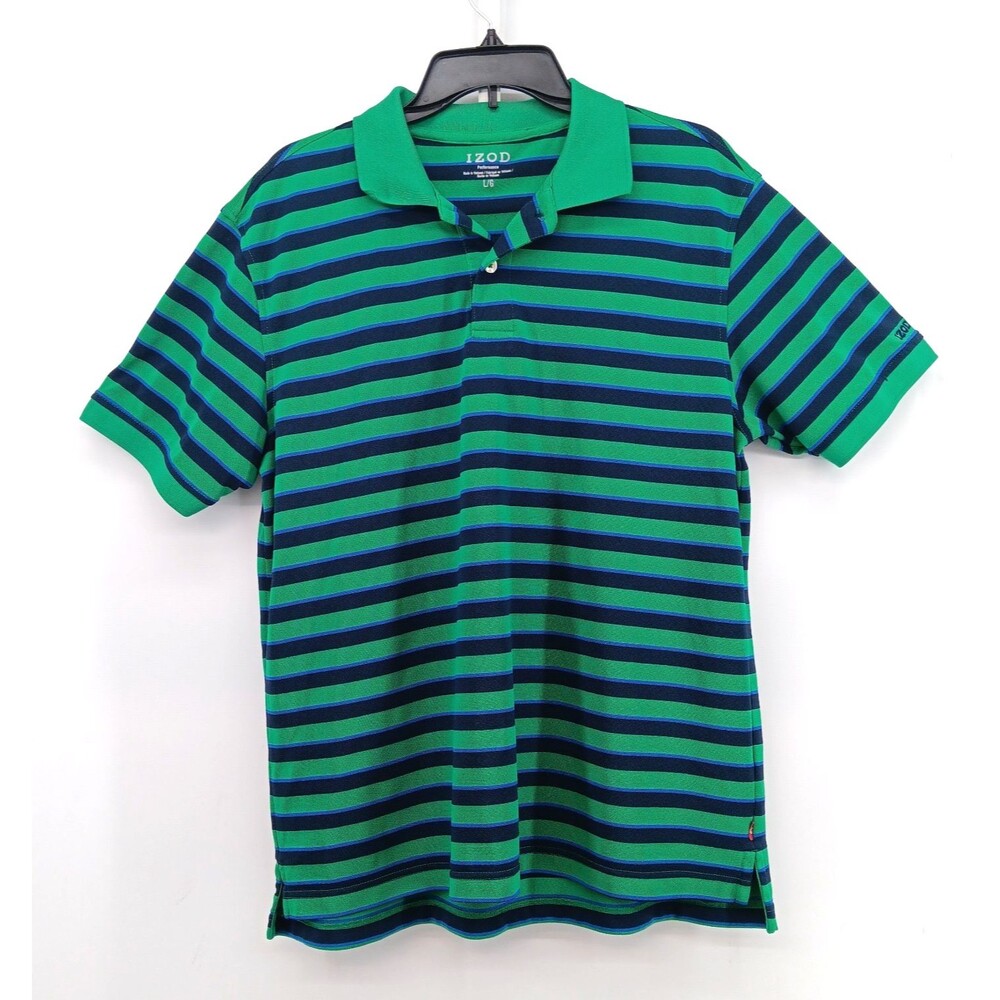IZOD Perfomrance Polo Shirt Men Large Green Blue Striped Short Sleeve Rugby Golf